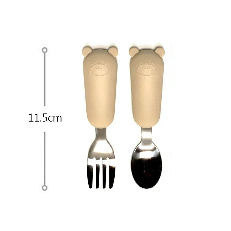 Toddler-Friendly Cartoon Stainless Steel Cutlery Set - Baby Spoon and Fork Dinnerware for Infants