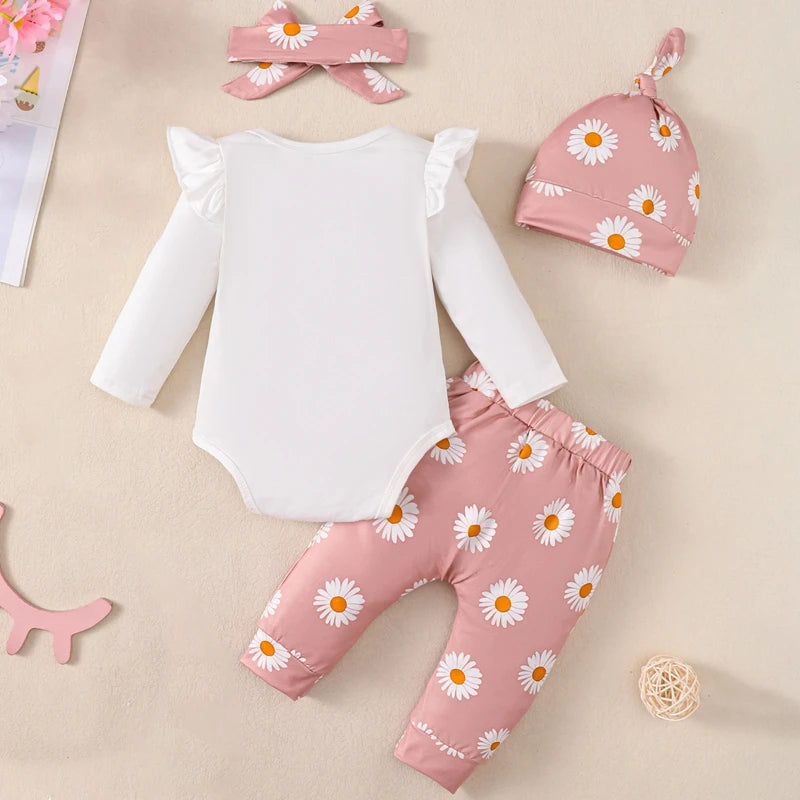 Adorable Baby Girl Fall & Winter 4-Piece Romper, Pants, Headband, and Hat Set for Newborns to 18 Months