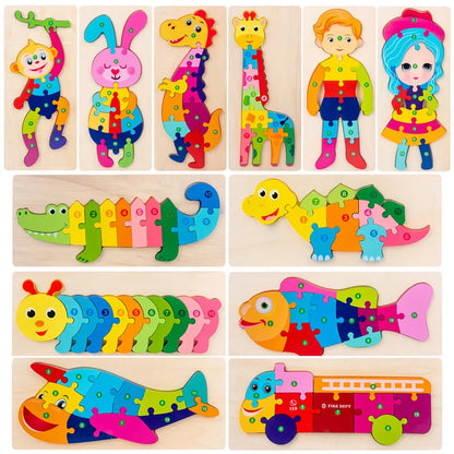 3D Dinosaur Educational Wooden Puzzles for Montessori Toddlers Ages 2-5