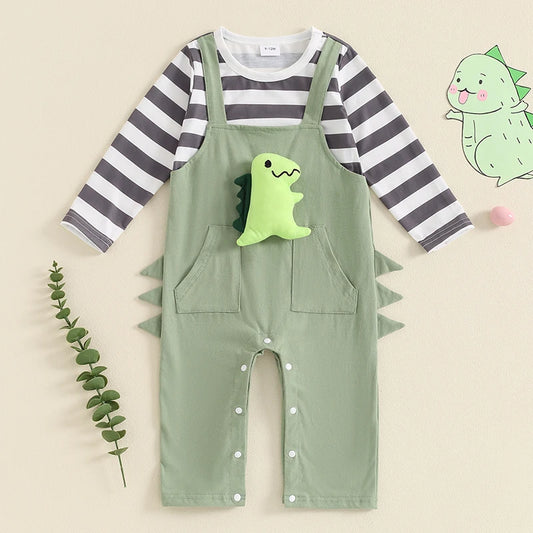 Adorable Dinosaur Stripe Print Long Sleeve Romper for Babies - Unisex Fall Jumpsuit
