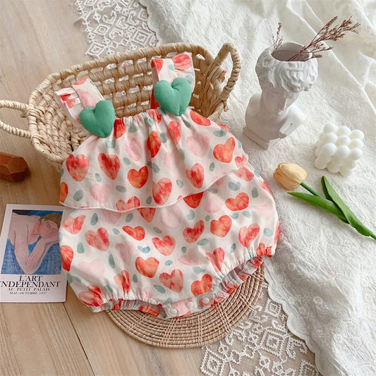 Summer Girls' Heart Print Sleeveless Romper Jumpsuit - Breathable Cotton-Polyester Blend Toddler Outfit