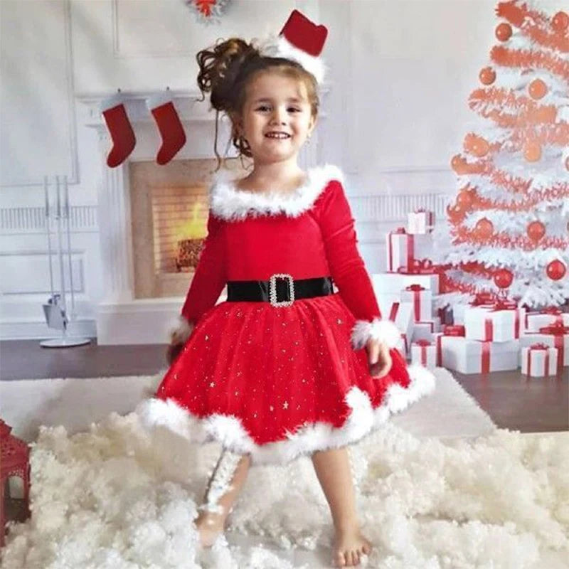 Toddler Girls Santa Claus Christmas Dress with Fluffy Red Long Sleeves and Bow Accessory for Holiday Parties