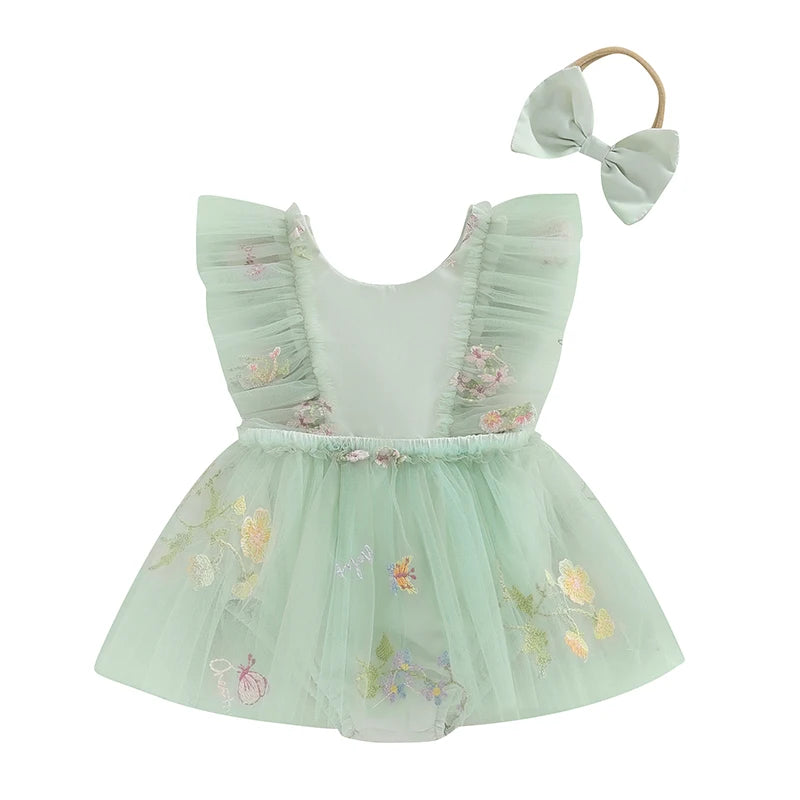 Adorable Baby Girls Floral Embroidery Jumper Dress with Matching Headband - Summer Casual Outfit