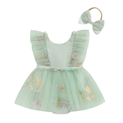 Adorable Baby Girls Floral Embroidery Jumper Dress with Matching Headband - Summer Casual Outfit