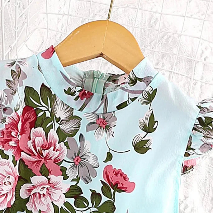 2023 Summer Floral Print A-Line Beach Dress for Girls with Flying Sleeves and Round Neck