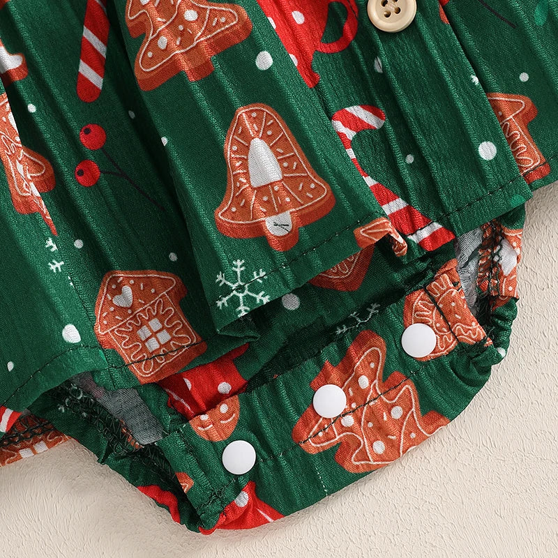 Adorable Baby Girl Christmas Rompers Dress with Gingerbread Man and Tree Print, Ruffled Skirt, and Headband for Newborns