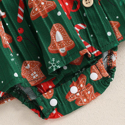 Adorable Baby Girl Christmas Rompers Dress with Gingerbread Man and Tree Print, Ruffled Skirt, and Headband for Newborns