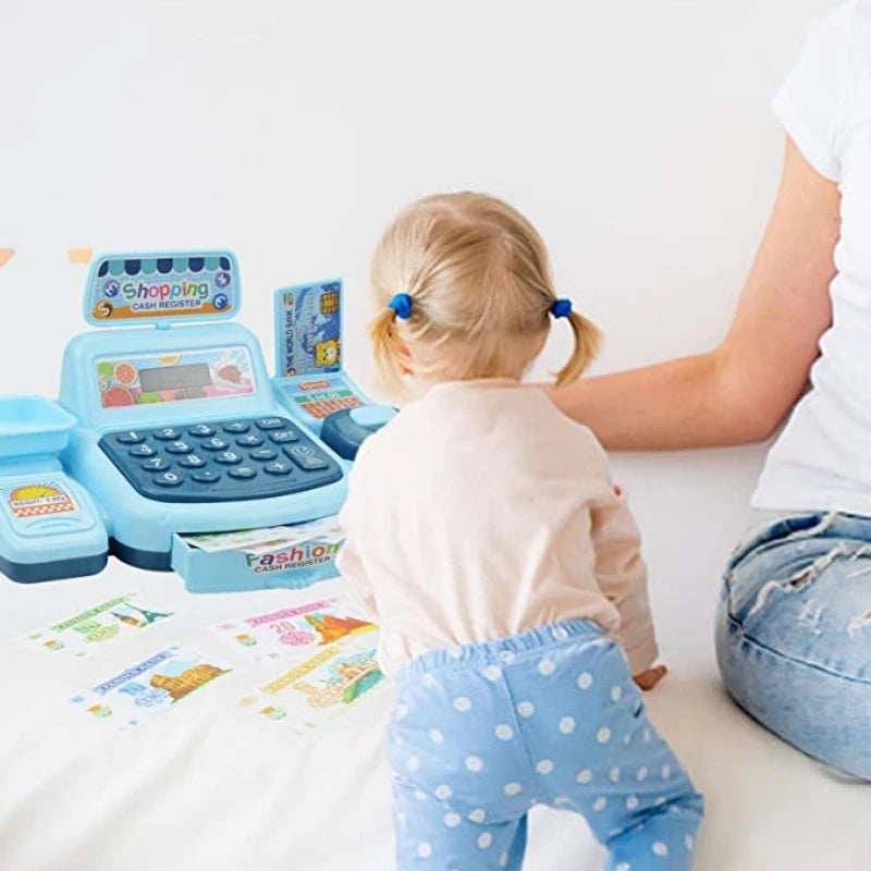 Kids Mini Cash Register Playset with Scanner - Montessori Supermarket Game for Girls and Boys, Interactive Toy with Lights and Sounds, Perfect Birthday Gift for Ages 3-12