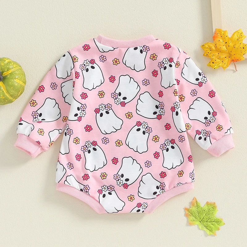 Adorable Baby Girls Halloween Long Sleeve Romper with Witch, Pumpkin, and Skull Floral Print