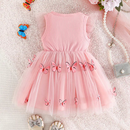 Toddler Ruffle Sleeveless Dress with 3D Butterfly Accent - Cute Princess Party Outfit for Baby Girls