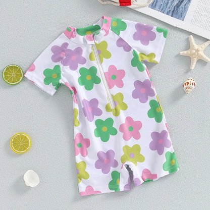 Adorable Floral Print Short Sleeve Swimsuit for Baby Girls - Summer Bathing Suit for Newborns and Toddlers