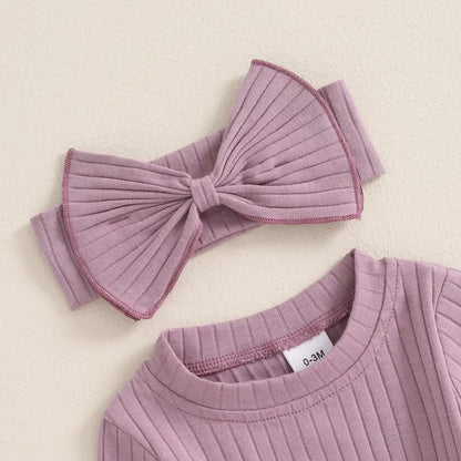 Adorable Baby Girl Ribbed Jumpsuit with Headband - Long Sleeve Romper for Newborns (0-18 Months)