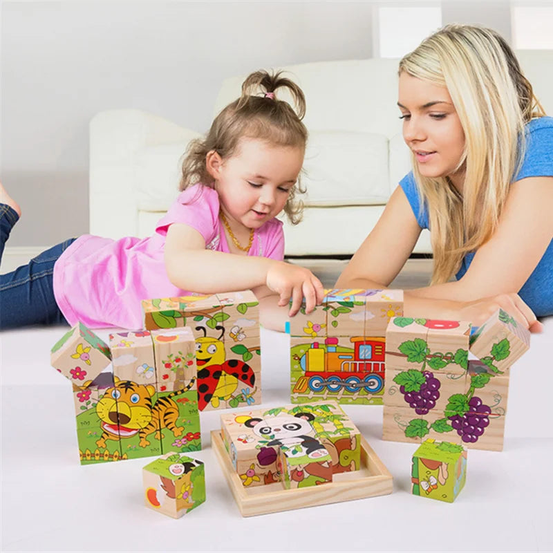 Colorful Wooden Animal and Fruit Puzzle Blocks for Early Learning and Development in Children