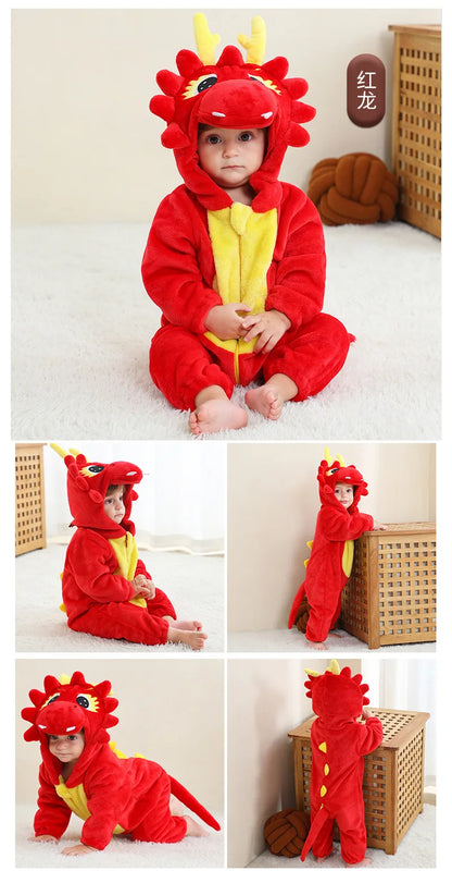 Adorable Flannel Hooded Baby Rompers - Winter Jumpsuits for Boys and Girls Featuring Dragon, Unicorn, and Frog Designs