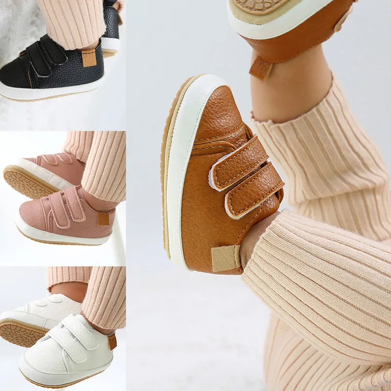 Unisex Baby Leather Sneakers with Anti-Slip Hook and Loop Fasteners for Spring, Summer, and Fall