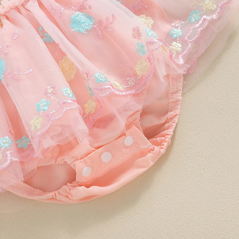 Adorable Summer Baby Girl Floral Embroidery Romper Dress with Headband - Princess Mesh Jumpsuit for Infants