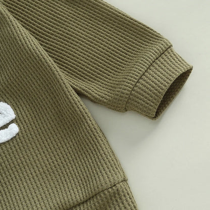Unisex Baby Waffle Outfit Set with Letter Embroidery - Long Sleeve Sweatshirt and Elastic Waist Pants for Newborns