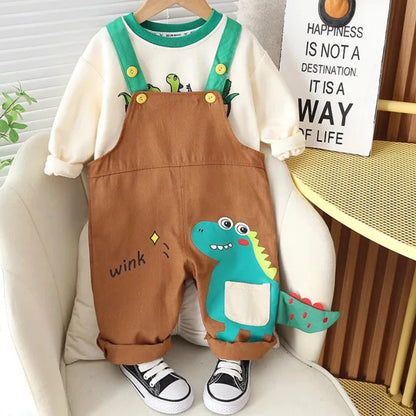 Adorable 2023 Autumn Baby Boys Cartoon Dinosaur Long Sleeve Rompers and Sweatshirt Set