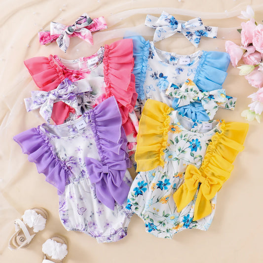 Toddler Summer Floral Bow Bodysuits with Ruffle Sleeves for Girls 0-18 Months