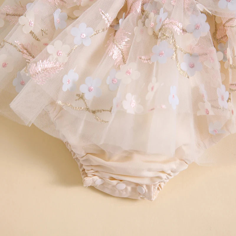 Summer Floral Embroidered Baby Girl Romper Dress Set with Tulle Skirt and Bowknot Headband