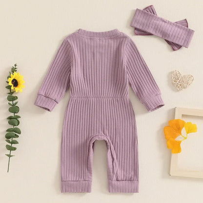 Adorable Baby Girl Ribbed Jumpsuit with Headband - Long Sleeve Romper for Newborns (0-18 Months)