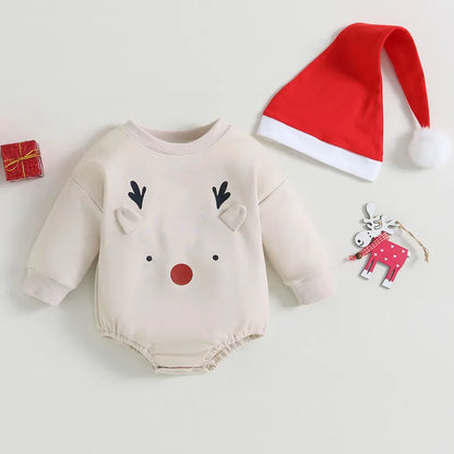 Adorable Christmas Infant Bodysuit Set for Boys and Girls - Long Sleeve Elk Print Jumpsuit with Matching Hat - 2-Piece Autumn Outfit