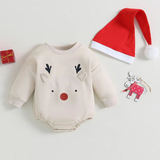Adorable Christmas Infant Bodysuit Set for Boys and Girls - Long Sleeve Elk Print Jumpsuit with Matching Hat - 2-Piece Autumn Outfit
