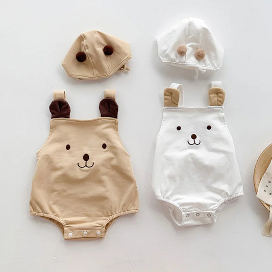 Adorable Summer Baby Cartoon Bear Romper and Hat Set for Toddlers - Sleeveless Sling Jumpsuit for Boys and Girls
