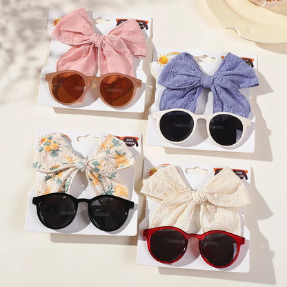 2-Pack Adorable Large Bow Hair Clips with Vintage Sunglasses for Kids - Handmade Printed Cheer Bow Hair Grips for Girls' Accessories