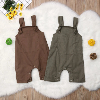 Adorable Baby Summer Jumpsuit with Adjustable Suspender Straps and Snap Bottoms, Available in Solid Colors for 0-18 Months