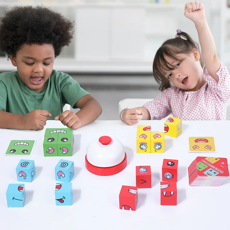 Wooden Expression Matching Puzzle Cube - Educational Building Blocks Game for Kids Aged 4-12