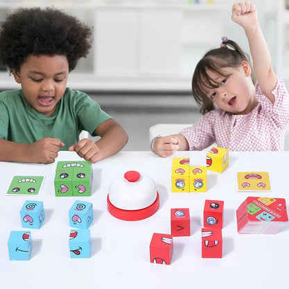Wooden Expression Matching Puzzle Cube - Educational Building Blocks Game for Kids Aged 4-12