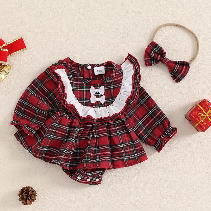 Adorable Baby Girls' Christmas Plaid Ruffle Romper Dress with Matching Headband - Newborn Outfit Set