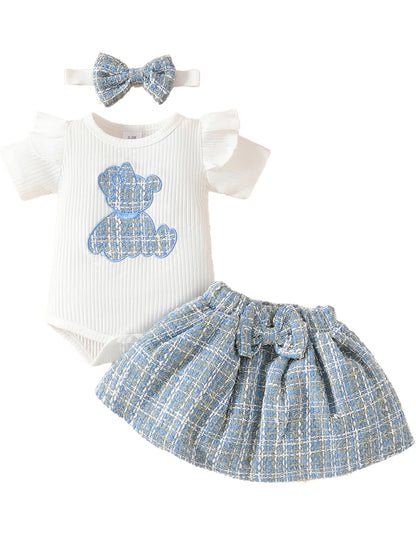 Adorable Baby Girls 3-Piece Skirt Set with Bear Embroidery Romper, Bow Mini Skirt, and Headband for Summer