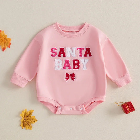 Adorable Baby Girls Christmas Long Sleeve Romper with Embroidered Letter Bow for Newborns