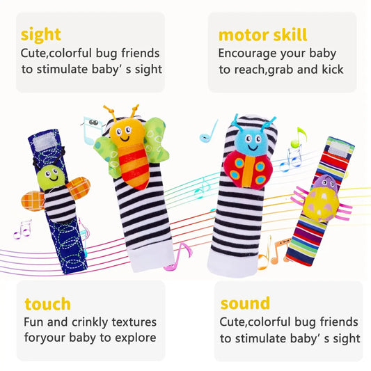 Soft Plush Baby Rattle Set for Newborns - 4 Animal Wrist and Foot Toys for Developmental Play