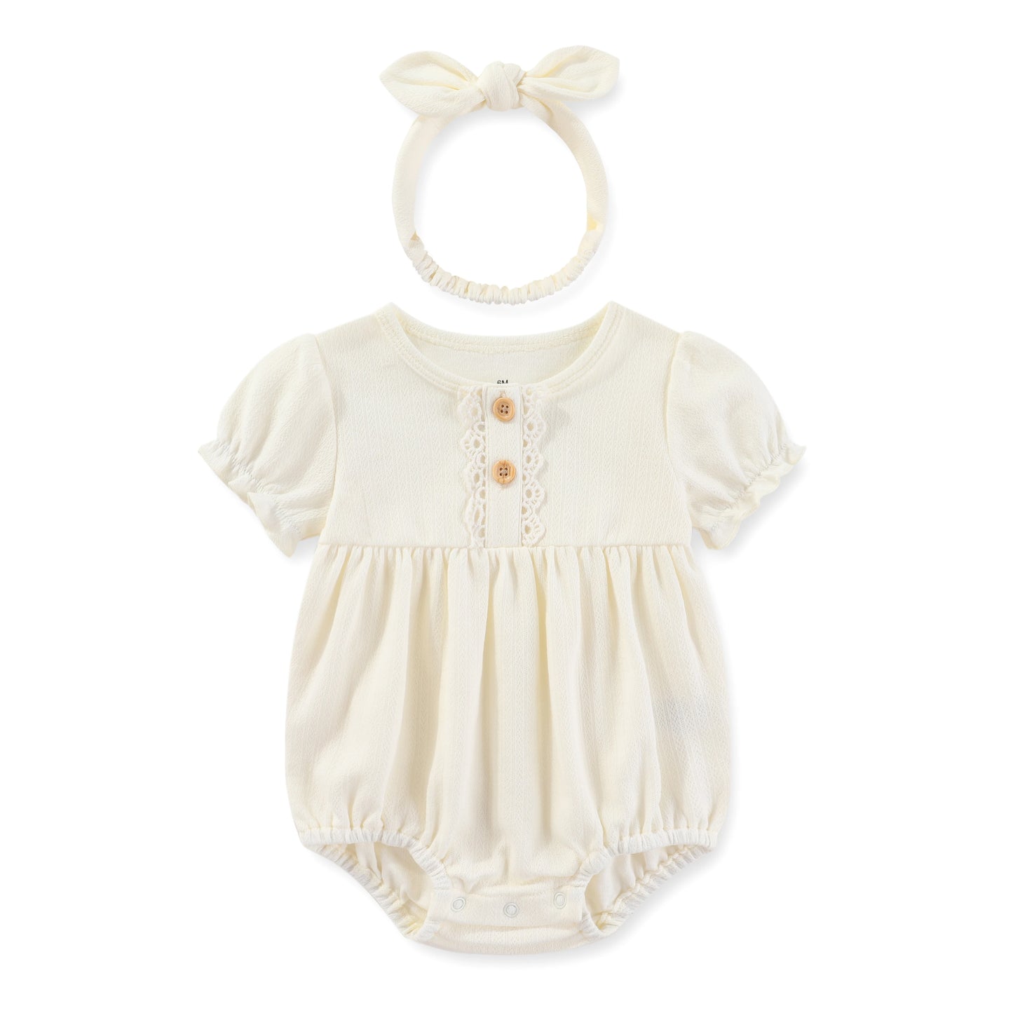 Summer Cotton Bodysuit & Headband Set for Newborn Baby Girls - 0-24 Months Solid Color Jumpsuit