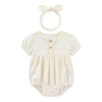 Summer Cotton Bodysuit & Headband Set for Newborn Baby Girls - 0-24 Months Solid Color Jumpsuit