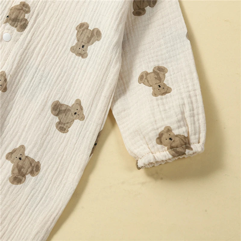 Adorable Bear Print Long Sleeve Romper for Newborns - Casual Turn-Down Collar Jumpsuit for Baby Boys and Girls
