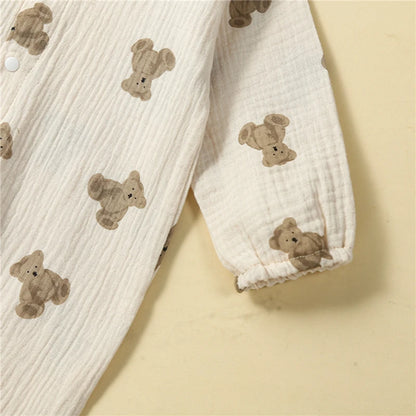 Adorable Bear Print Long Sleeve Romper for Newborns - Casual Turn-Down Collar Jumpsuit for Baby Boys and Girls