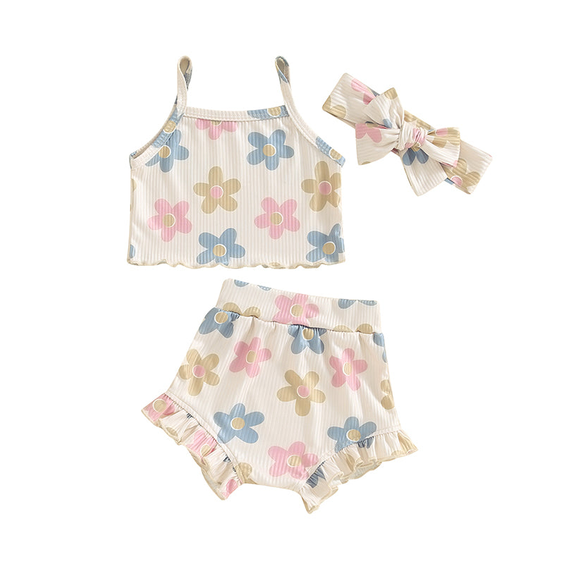 Toddler Summer Floral Outfit Set for Baby Girls - 3PCS Cami Top, Shorts, and Headband (0-24 Months)