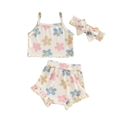 Toddler Summer Floral Outfit Set for Baby Girls - 3PCS Cami Top, Shorts, and Headband (0-24 Months)