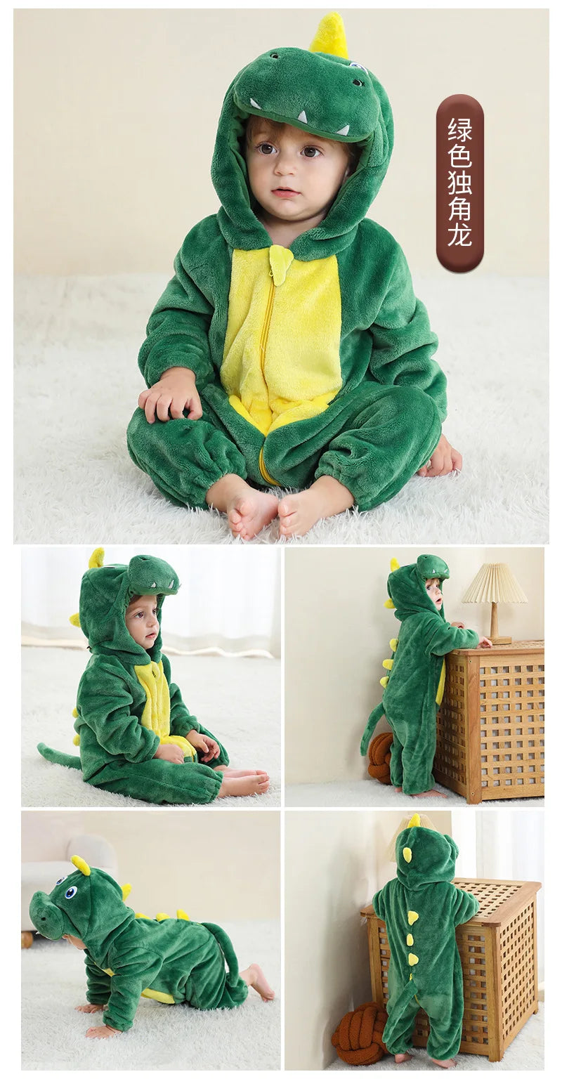 Adorable Flannel Hooded Baby Rompers - Winter Jumpsuits for Boys and Girls Featuring Dragon, Unicorn, and Frog Designs