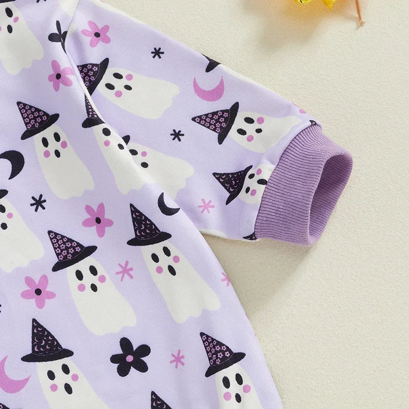 Adorable Baby Girl Halloween Ghost Print Long Sleeve Romper with Headband - Newborn Jumpsuit Outfit