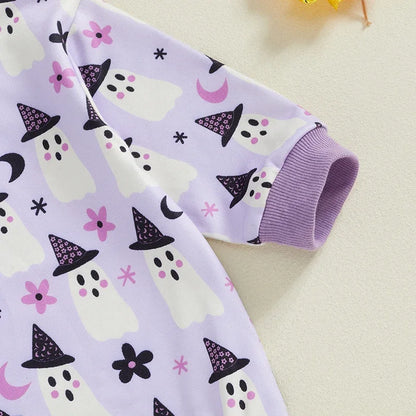 Adorable Baby Girl Halloween Ghost Print Long Sleeve Romper with Headband - Newborn Jumpsuit Outfit
