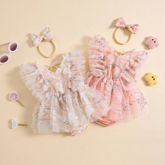 Summer Floral Embroidered Baby Girl Romper Dress Set with Tulle Skirt and Bowknot Headband