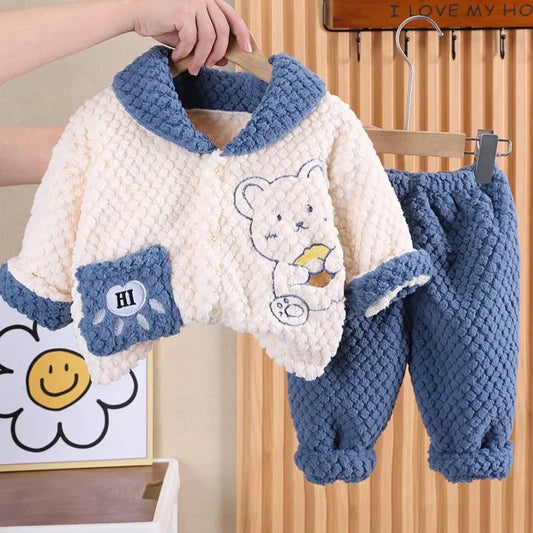 Adorable Winter Bear Print Pajama Set for Boys - Cozy Fleece Sleepwear and Casual Wear