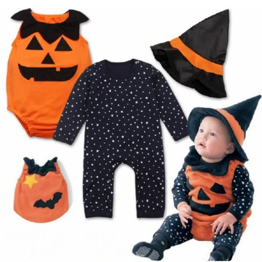 Toddler Halloween Devil Striped Jumpsuit & Hat 3-Piece Costume Set - Bat, Vampire, Pumpkin Designs
