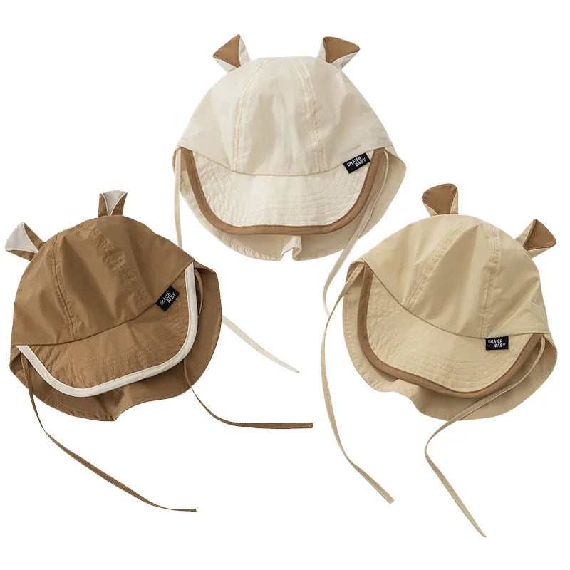 Adorable Cartoon Bear Ear Bucket Hat for Babies - Quick Drying Sun Protection Cap for Kids, Adjustable Straps, Perfect for Spring and Summer