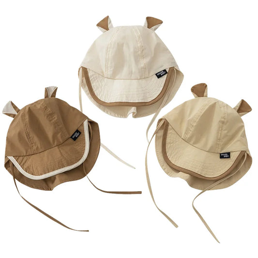 Adorable Cartoon Bear Ear Bucket Hat for Babies - Quick Drying Sun Protection Cap for Kids, Adjustable Straps, Perfect for Spring and Summer